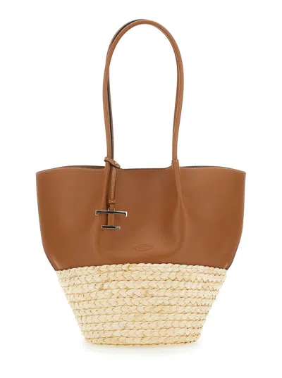 Tod's 'bux' Brown Shopper With Logo Imprinted On The Front And Metal Logo Charm In Leather And Straw In Multicolor