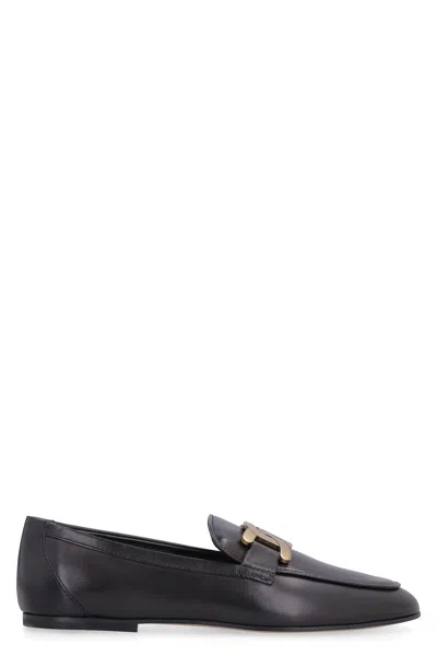 Tod's Black Calfskin Womens Loafers With Metallic Band