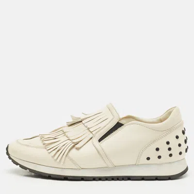 Tod's Cream Leather Fringe Slip On Sneakers In White