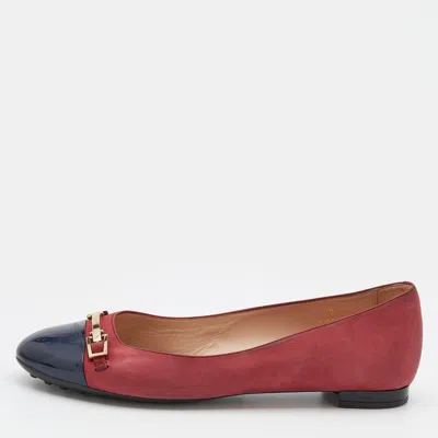 Tod's Crimson Red/blue Leather And Patent Leather Cap Toe Buckle Ballet Flats