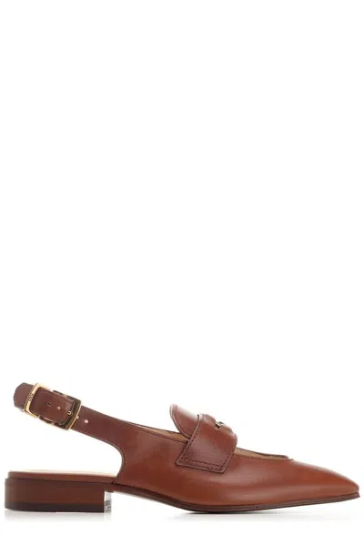 Tod's Leather Slingback Ballerina Penny Loafers In Teak