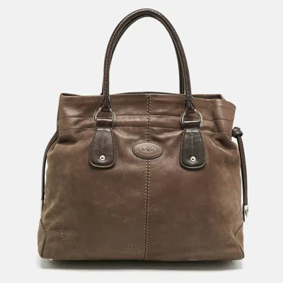 Tod's Dark Brown Iridescent Leather Drawstring Tote