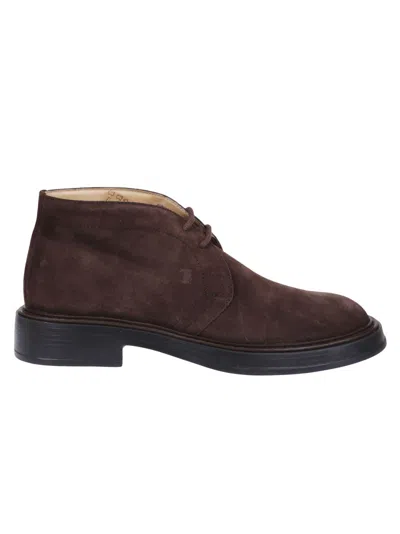 Tod's Dark Brown Suede Polacchino Shoes With Embossed Monogram In Black