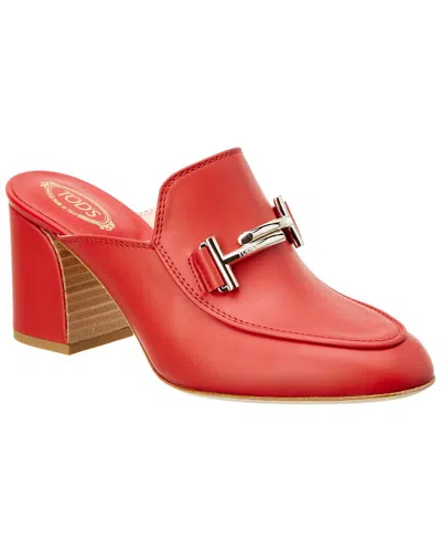 Tod's Double T Leather Heeled Mule In Red