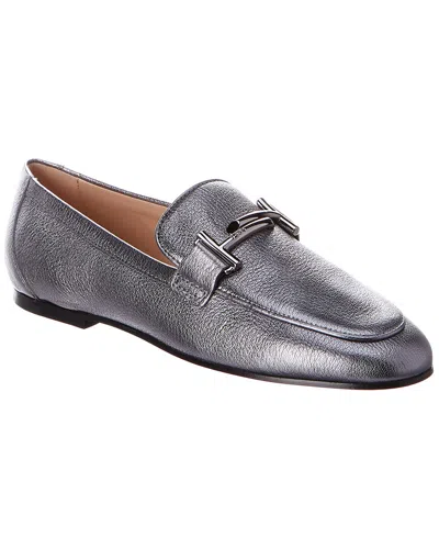 Tod's Double T Metallic Leather Loafer In Silver