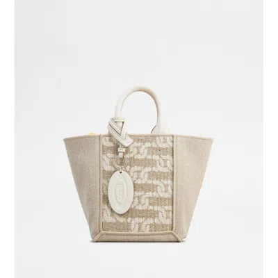 Tod's Double Up Shopping Bag In Fabric And Leather Mini In Sand