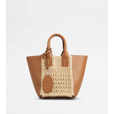 Tod's Double Up Shopping Bag In Leather And Raffia Mini