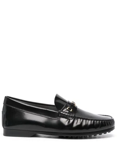 Tod's Glossy Leather Loafers Metal Hardware In Black