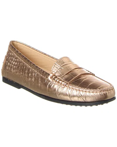 Tod's Gommino Croc-embossed Leather Loafer In Gold