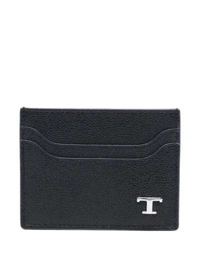 Tod's Grained Leather Cardholder With Metal T Timeless Logo In Black
