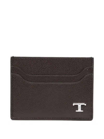 Tod's Grained Leather Cardholder With Metal T Timeless Logo In Brown