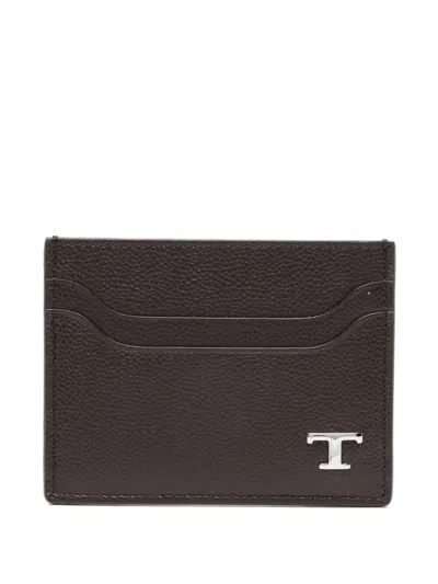 Tod's Grained Leather Cardholder With Metal T Timeless Logo In Brown