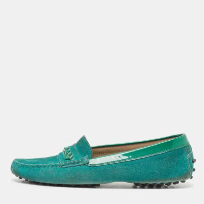 Tod's Green Suede And Patent Slip On Loafers