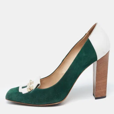 Tod's Green/white Leather And Suede Loafer Pumps