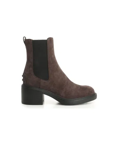 Tod's Grey Calf Leather Polyester Flat Shoes In Brown