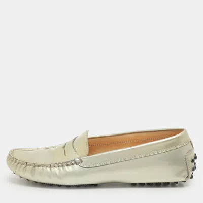 Tod's Grey Leather Gommino Slip On Loafers In Silver