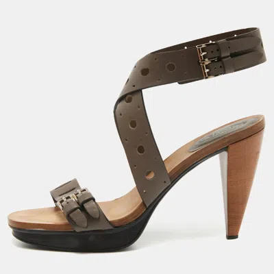 Tod's Grey Leather Perforated Platform Ankle Strap Sandals In Gray