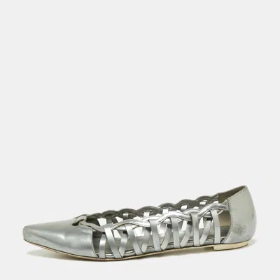 Tod's Grey Patent Leather Braided Detailed Pointed Toe Ballet Flats In Gray