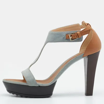 Tod's Grey/beige Suede And Leather T-strap Platform Sandals In Gray