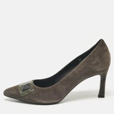 Tod's Grey/olive Green Patent And Suede Pointed Toe Pumps In Gray