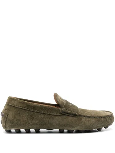 Tod's Kaki Suede Loafers With Almond Toe Design In Green