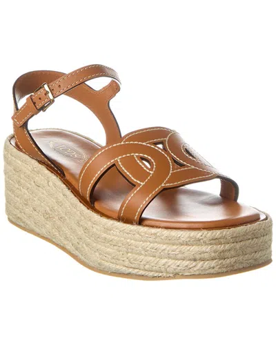 Tod's Rafia And Leather Wedge Sandals In Brown