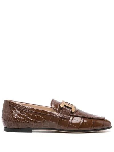 Tod's Kate Embellished Croc-effect Leather Loafers In Brown