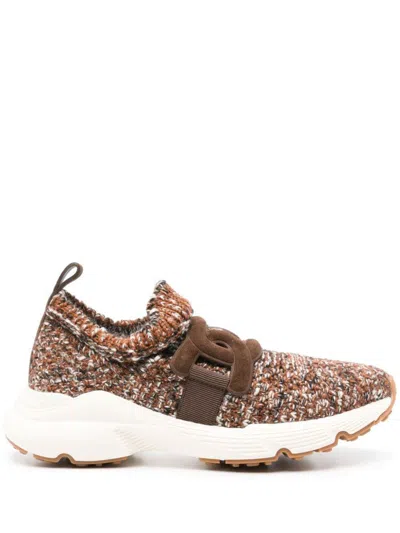 Tod's Knitted Leather-trimmed Sneakers In Brown