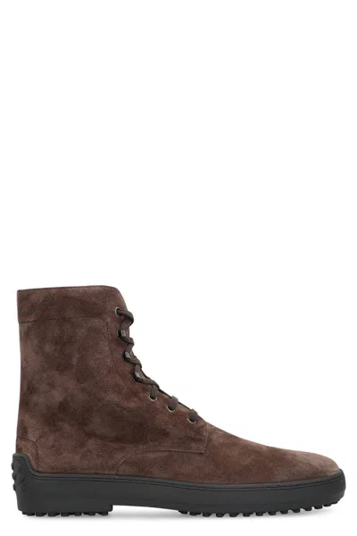 Tod's Lace-up Suede Ankle Boots In Brown
