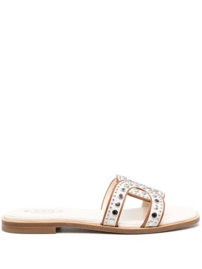 Tod's Flat Leather Sandals With Low Stacked Heel In White
