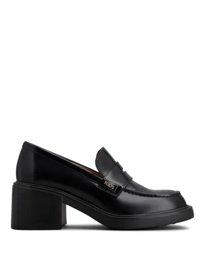 Tod's Leather Heeled Penny Loafers In Black