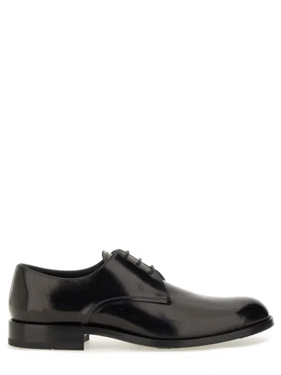 Tod's Leather Lace Up Derby Shoes Almond Toe In Black