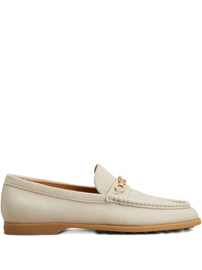 Tod's Pebbled Leather Loafers Topstitching Gold Hardware In Neutral