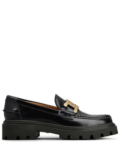 Tod's Leather Loafers With Gold-tone Buckle In Black