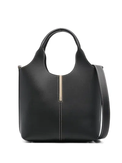 Tod's Leather Mini Shopping Tote Bag With Branded Metal Bar Accessory In Black