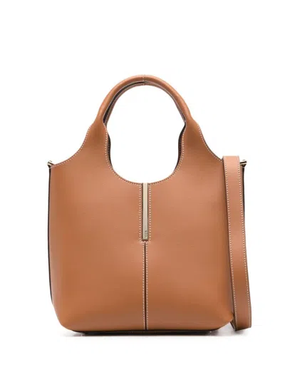 Tod's Leather Mini Shopping Tote Bag With Branded Metal Bar Accessory In Brown