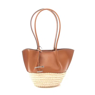 Tod's Leather Raffia Timeless Tote Bag In Brown