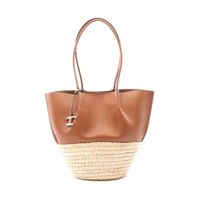 Tod's Leather Raffia Timeless Tote Bag In Brown