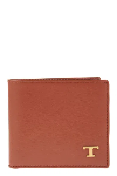 Tod's Leather Wallet With Logo In Gold