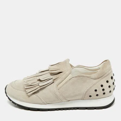 Tod's Light Grey Suede Fringe Detail Slip On Sneakers In Neutral