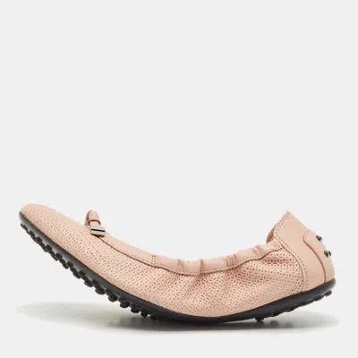 Tod's Light Pink Leather Bow Scrunch Ballet Flats