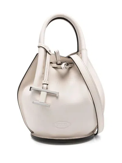 Tod's Logo-charm Leather Mini Bucket Bags In Beige