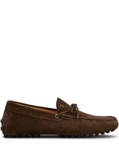 Tod's Suede Gommino Loafers Lace Bow Rubber In Brown