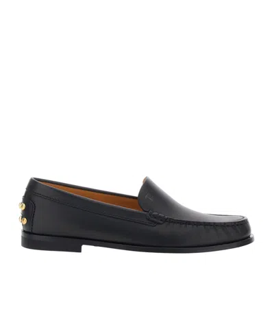 Tod's Black Loafers With Embossed Logo And Stud Details On The Back In Leather Woman