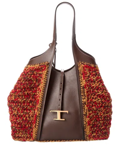 Tod's Logo Knit & Leather Tote In Brown