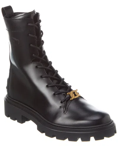 Tod's Logo Leather Combat Boot In Black