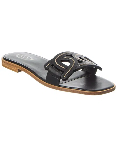 Tod's Logo Leather Flat Sandal In Black