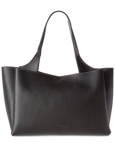 Tod's Logo Medium Leather Tote In Black