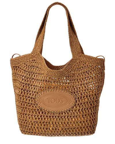 Tod's Logo Medium Raffia Tote In Brown