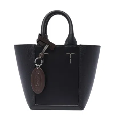 Tod's Logo Pendent Panelled Tote Bag In Black